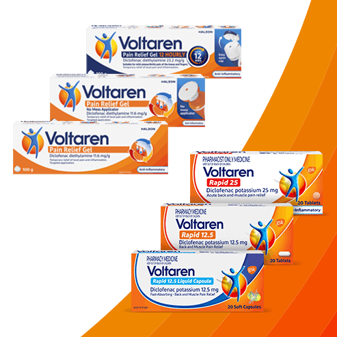 various Voltaren pain relief product pack shots