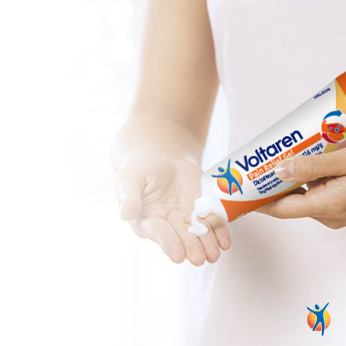 Woman squeezing Voltaren Pain Relief Gel